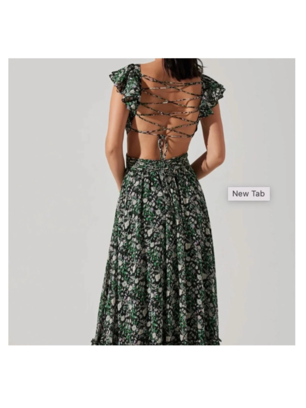Women's Floral Maxi Dress with Lace-Up Back, Black and Green - Picture 3 of 9